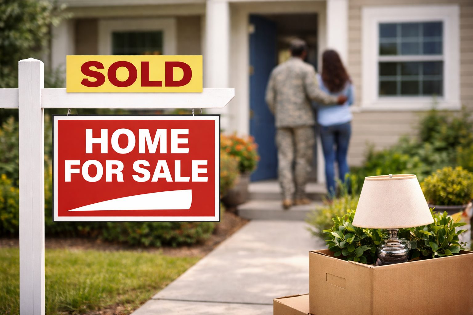 sold sign in the front yard of a family standing in front of their house