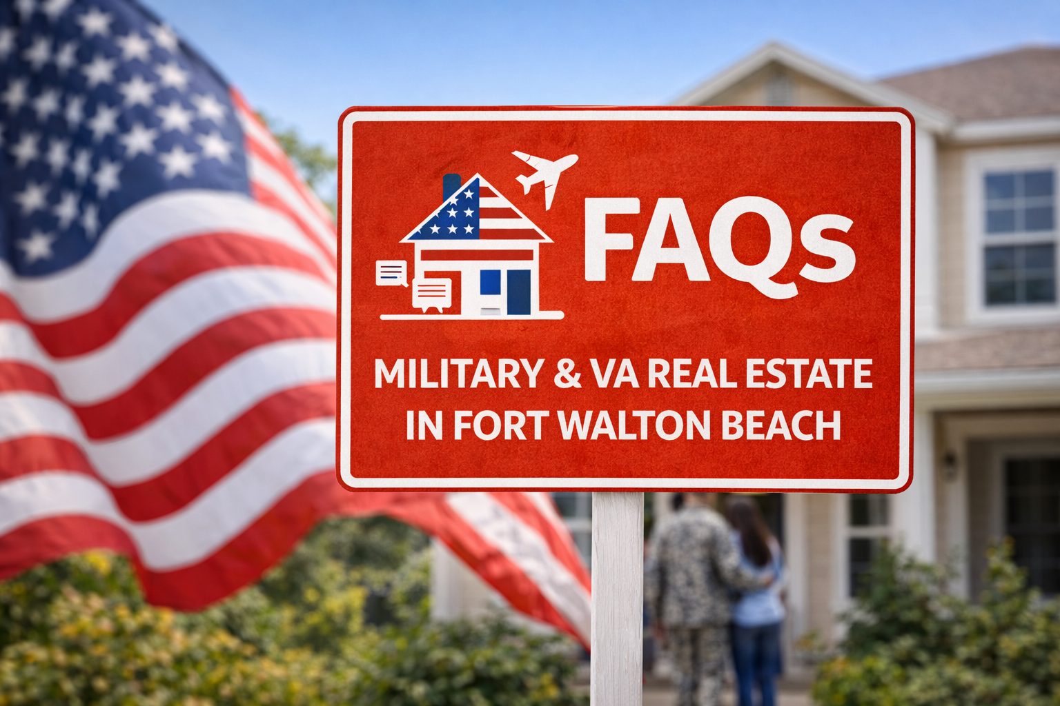 a red sign with american flag about va real estate