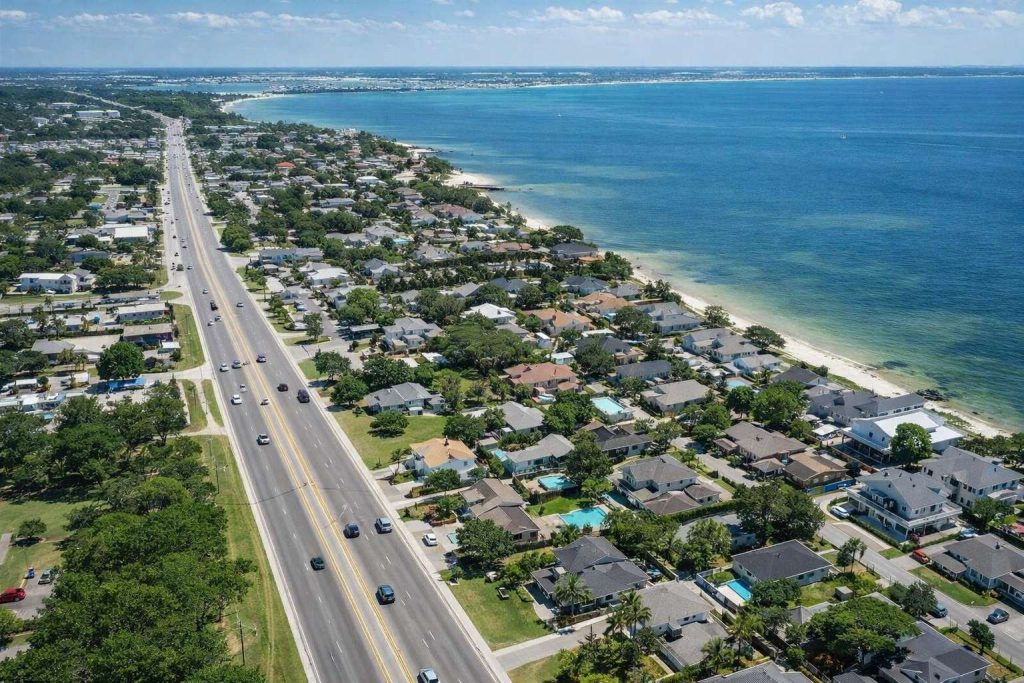 Aerial view of Mary Esther, FL along Highway 98 and the Santa Rosa Sound