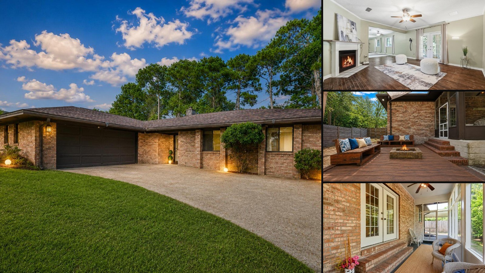 170 Elliott Road, Mary Esther: brick ranch home at twilight, living room with fireplace, backyard deck with fire pit and sunroom