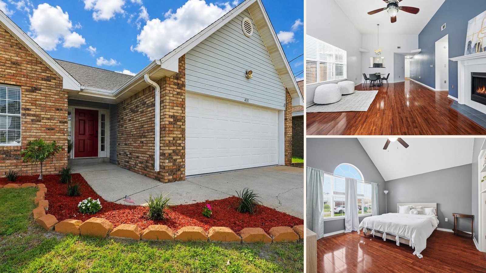 431 Sandy Ridge Circle, Mary Esther: brick home with new landscaping and a red front door, plus the vaulted living room with fireplace and the primary bedroom