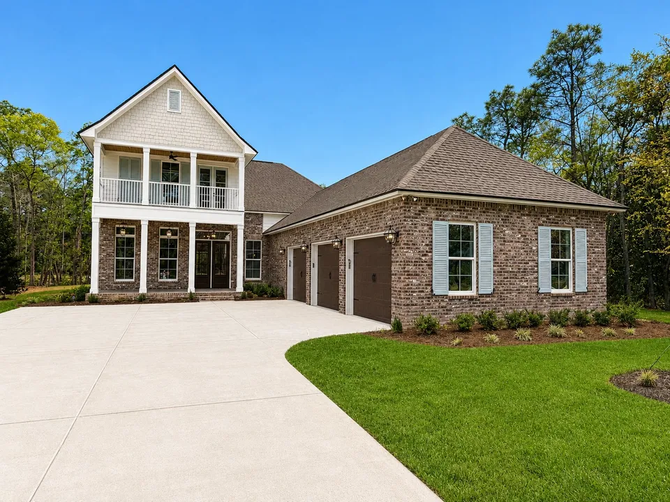 New construction brick home with a two-story front porch and three-car garage