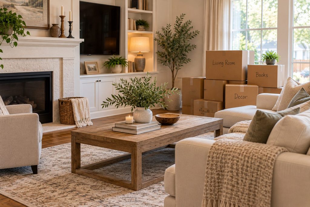 Furnished living room with moving boxes stacked neatly along the wall