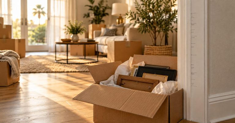 Open moving box holding wrapped family photo frames beside a door frame marked with pencil height lines in a sunlit living room