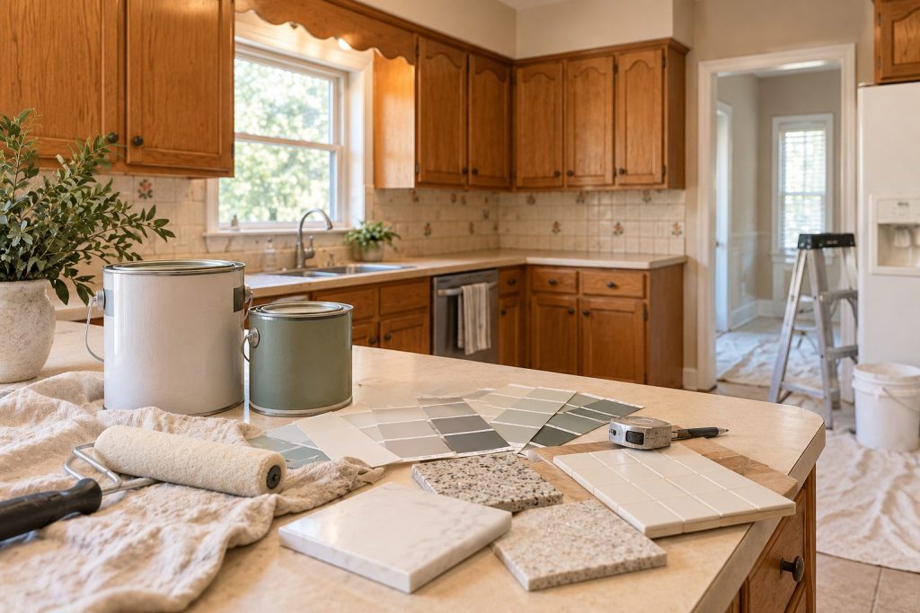 Kitchen counter covered with tile, countertop and paint samples during renovation planning