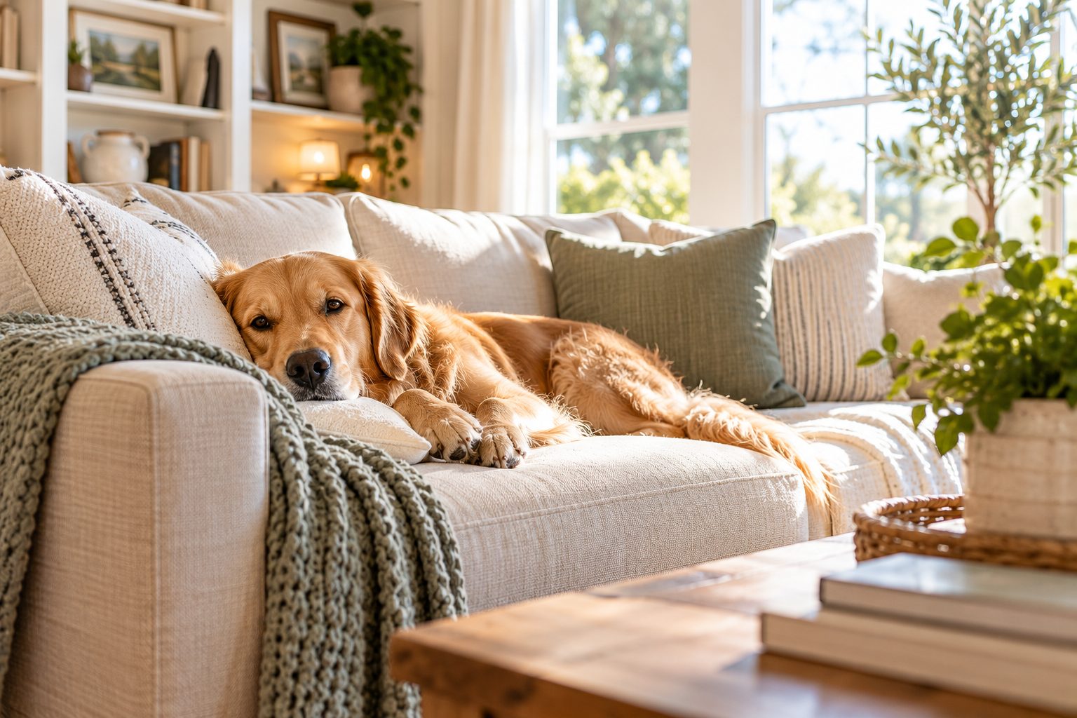 Golden retriever relaxing on a sofa in a sunlit living room