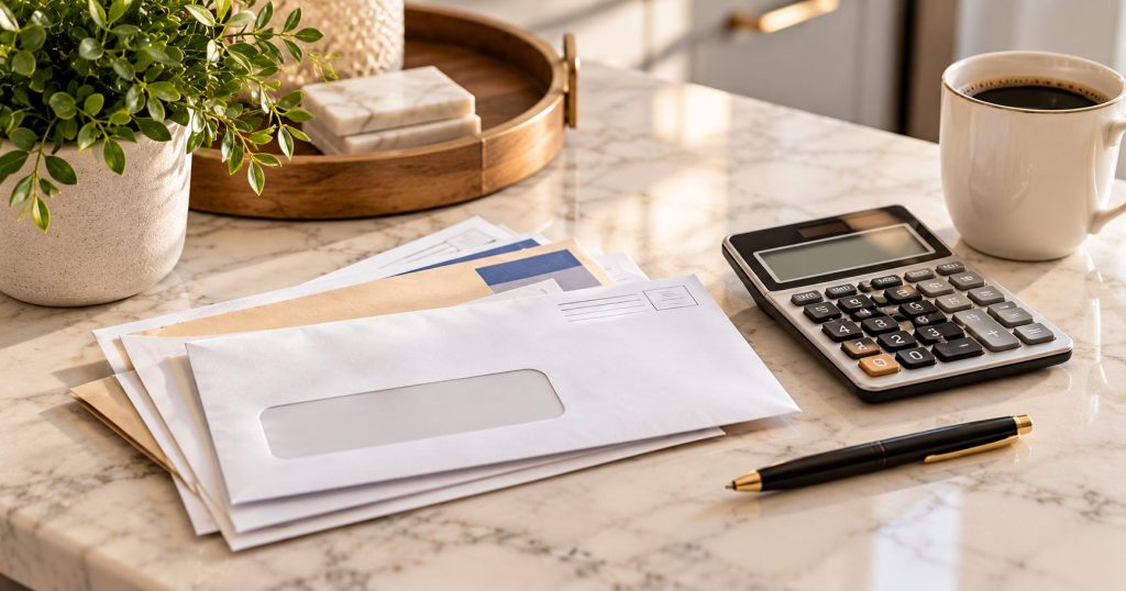 Envelopes, a calculator, a pen and a cup of coffee on a marble counter, ready for paying bills