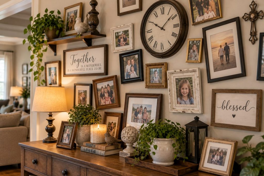 Wall covered with framed family photos and decor