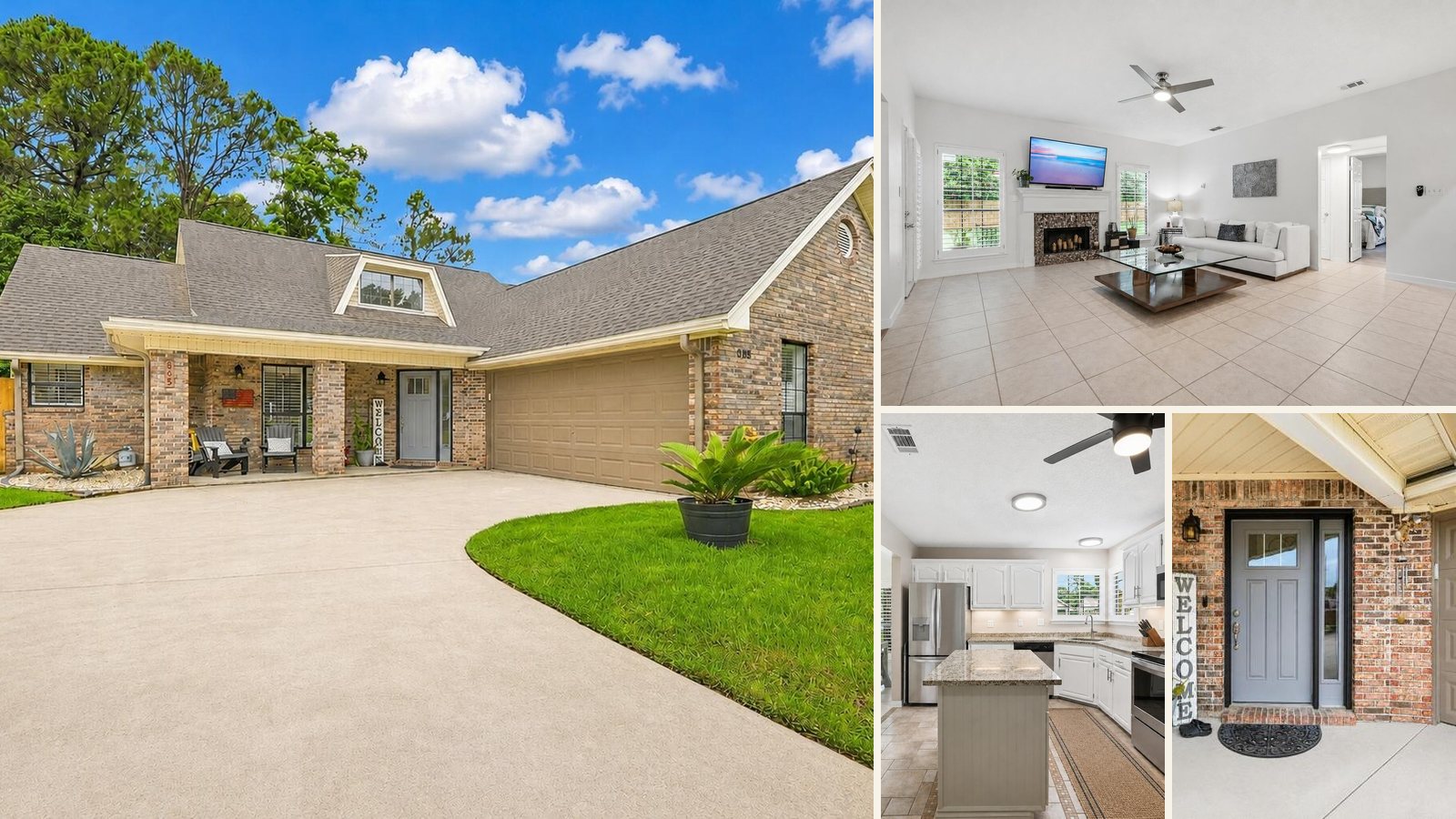 805 Overbrook Drive, Fort Walton Beach: brick home with curved driveway and landscaping, plus the living room with fireplace, white kitchen with island, and front entry