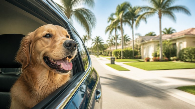 Golden retriever looking out a car window on a palm-lined Florida street during a house showing