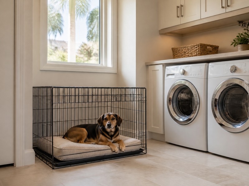 Calm dog resting in a wire kennel in a bright laundry room during a home showing