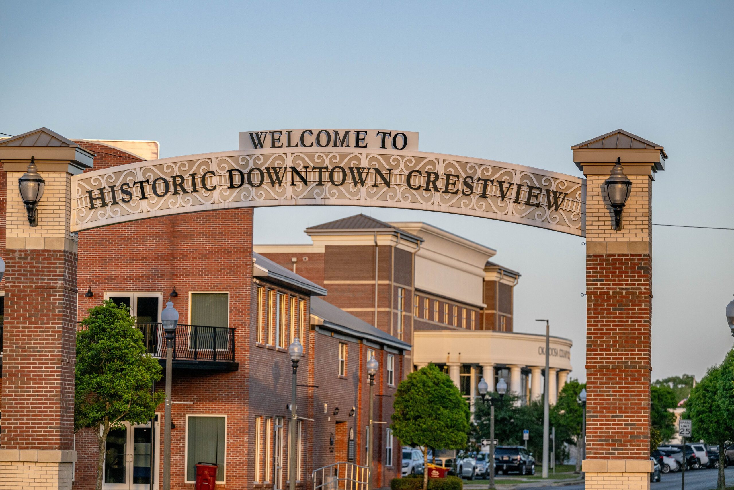 Welcome to Historic Downtown Crestview archway over Main Street