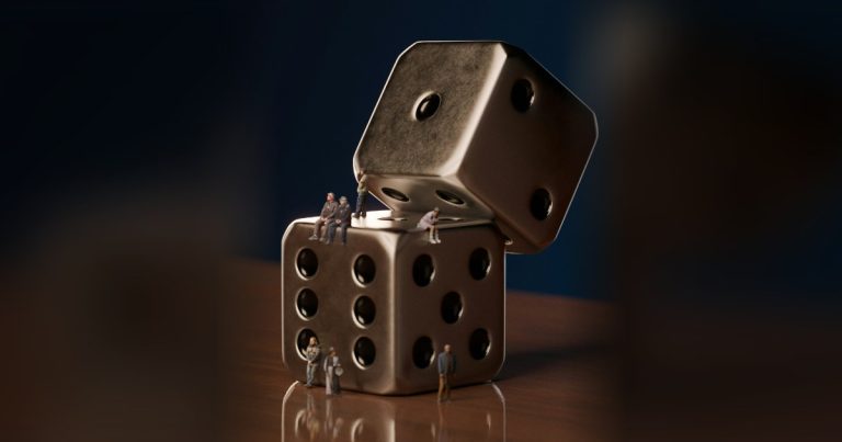 Giant dice with tiny figures on it, like the roll of the dice behind an online Zestimate