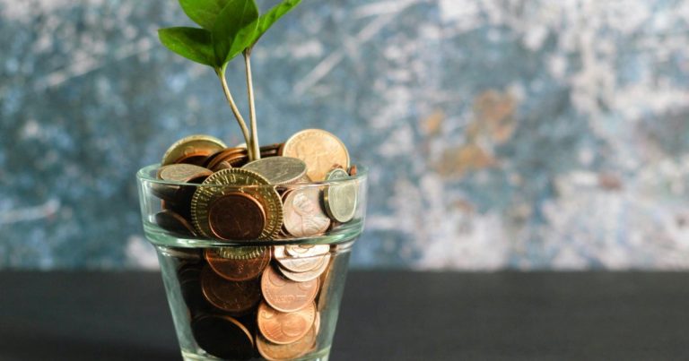 Glass jar of coins with a green sprout growing out of it, like an earnest money deposit